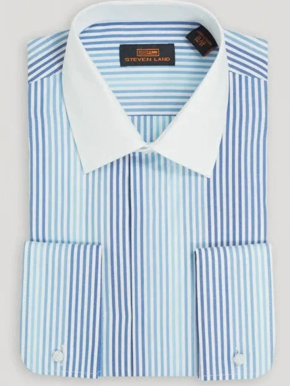 Steven Land Mens Blue Striped French Cuff 100% Cotton Dress Shirt