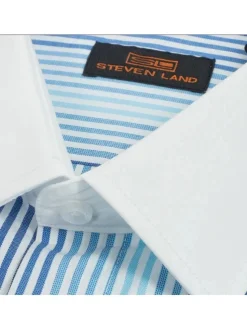 Steven Land Mens Blue Striped French Cuff 100% Cotton Dress Shirt