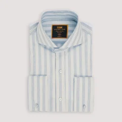 Steven Land Mens Blue Striped 100% Cotton French Cuff Cutaway Collar Dress Shirt