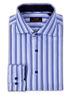 Steven Land Mens Blue Striped Regular Fit Spread Collar 100% Cotton Dress Shirt