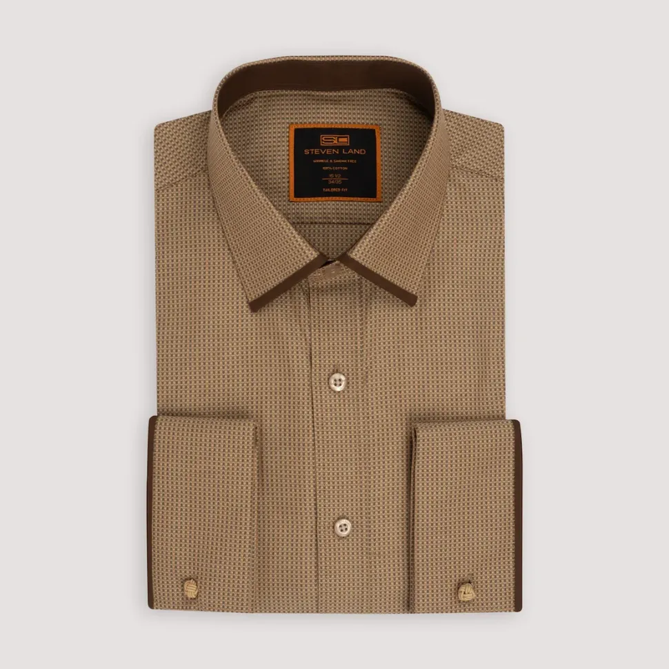 Steven Land Mens Brown 100% Cotton French Cuff Spread Collar Dress Shirt