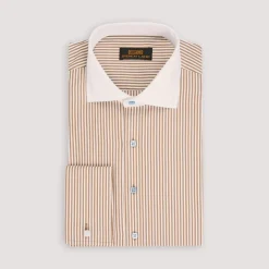 Steven Land Mens Brown Striped 100% Cotton French Cuff Cutaway Collar Dress Shirt