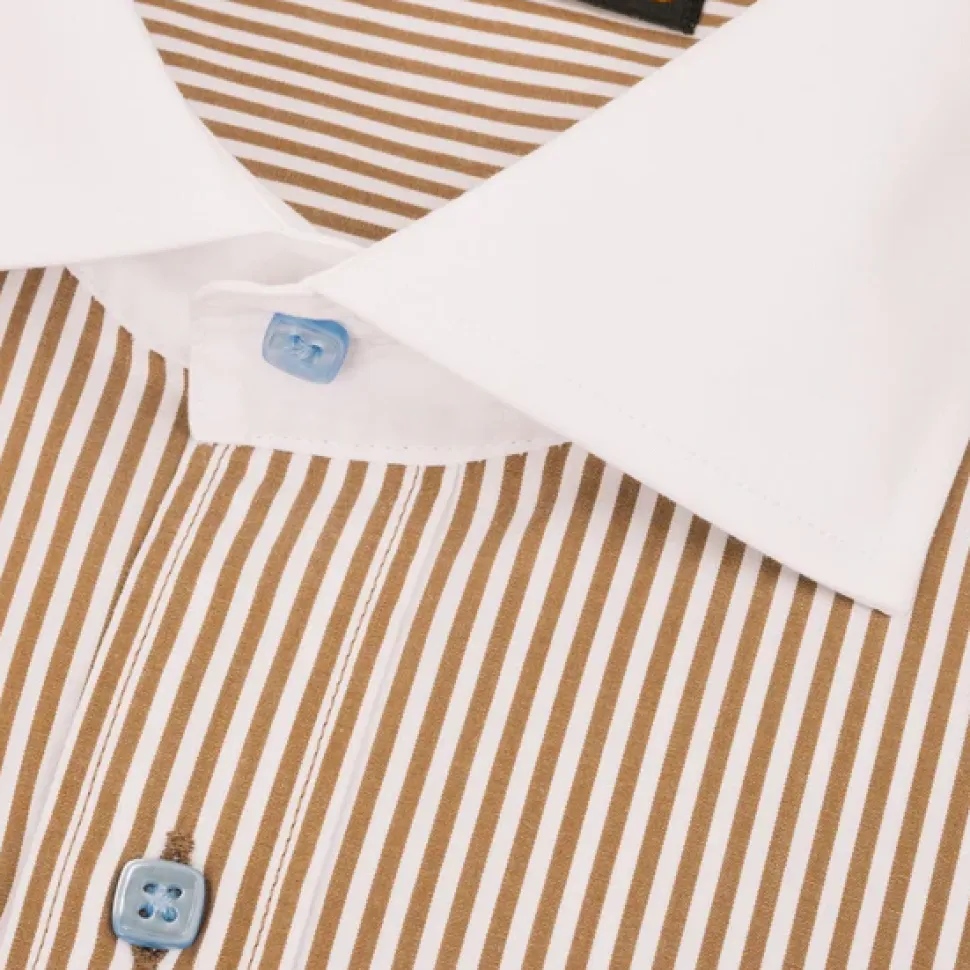 Steven Land Mens Brown Striped 100% Cotton French Cuff Cutaway Collar Dress Shirt