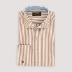 Steven Land Mens Brown Striped 100% Cotton French Cuff Cutaway Collar Dress Shirt
