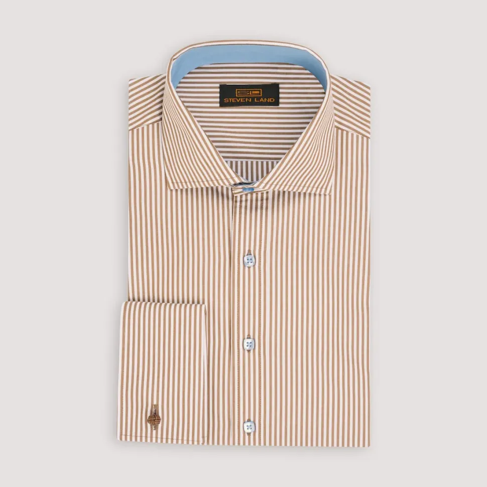 Steven Land Mens Brown Striped 100% Cotton French Cuff Cutaway Collar Dress Shirt