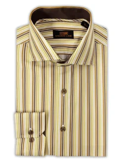 Steven Land Mens Brown Striped Regular Fit Spread Collar 100% Cotton Dress Shirt