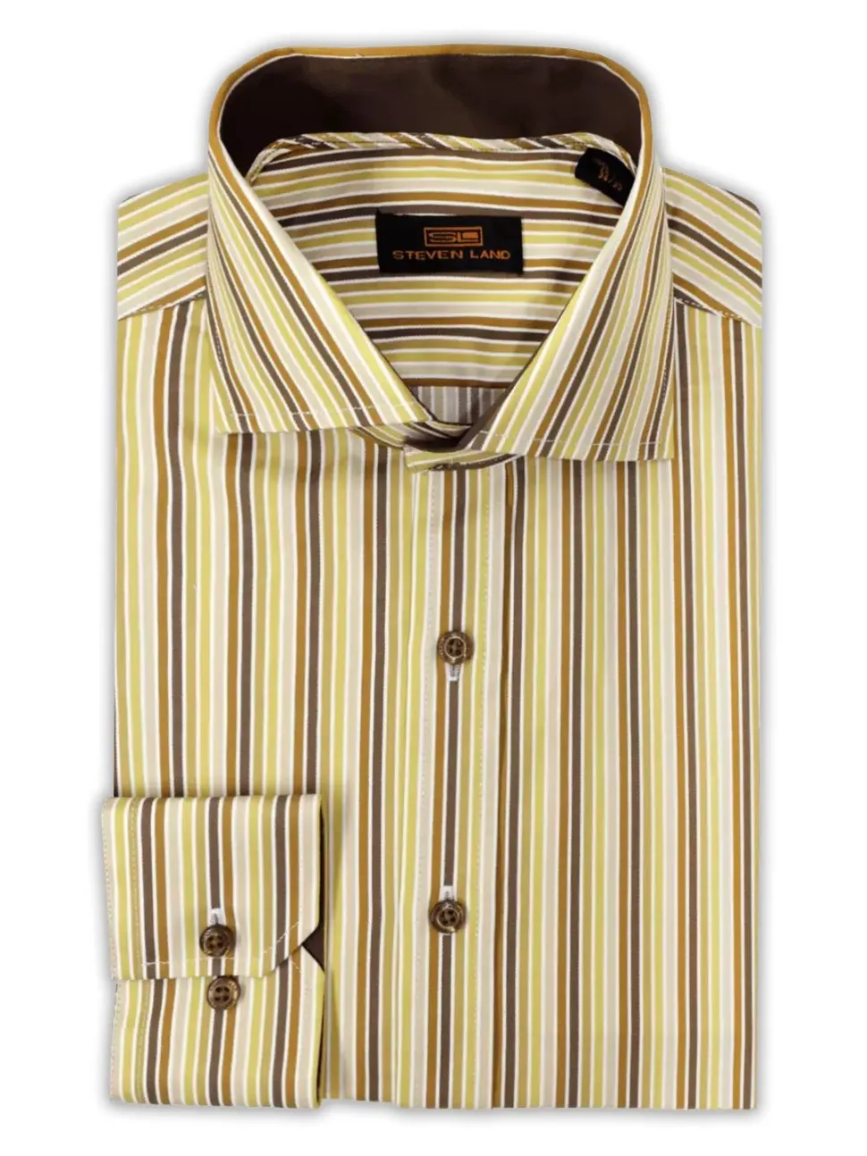 Steven Land Mens Brown Striped Regular Fit Spread Collar 100% Cotton Dress Shirt