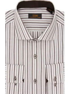 Steven Land Mens Brown Striped Classic Fit 100% Cotton Spread Collar Barrel cuff Dress Shirt
