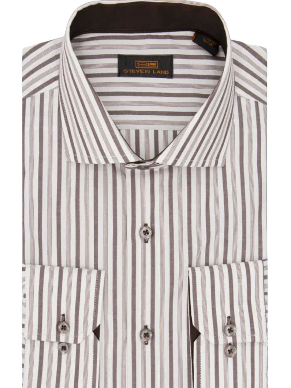 Steven Land Mens Brown Striped Classic Fit 100% Cotton Spread Collar Barrel cuff Dress Shirt