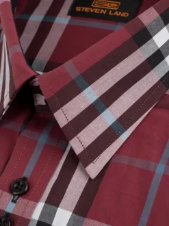 Steven Land Mens Classic Fit Burgundy Plaid 100% Cotton Dress Shirt