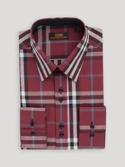 Steven Land Mens Classic Fit Burgundy Plaid 100% Cotton Dress Shirt