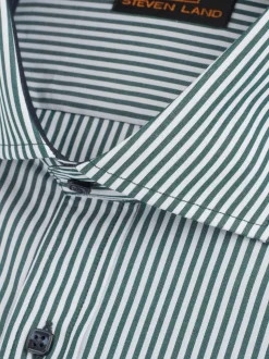 Steven Land Mens Classic Fit Green & White Striped 100% Cutaway Collar Cotton Dress Shirt
