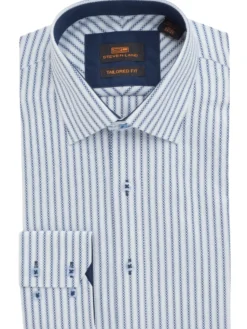 Steven Land Mens Classic Fit White & Navy Blue Striped 100% Cotton Dress Shirt