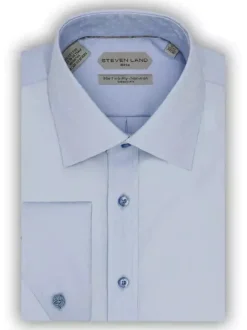 Steven Land Men's 100% Cotton Blue French Cuff Non-Iron Classic Fit Dress Shirt