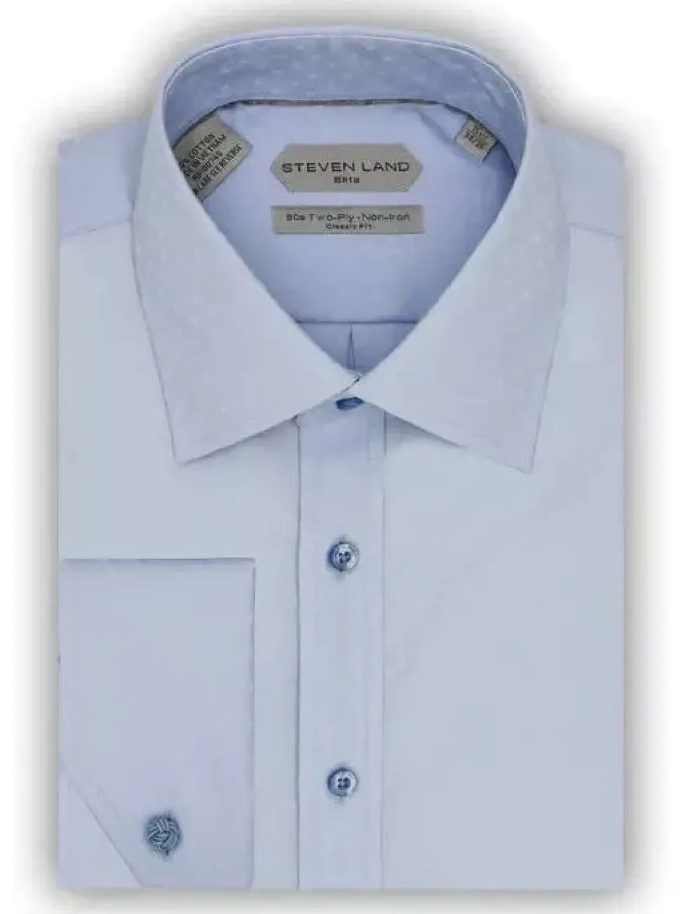 Steven Land Men's 100% Cotton Blue French Cuff Non-Iron Classic Fit Dress Shirt