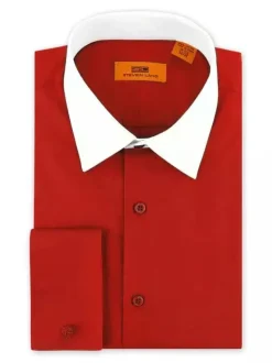 Steven Land Mens Cotton Red Contrast Collar French Cuff Cotton Dress Shirt