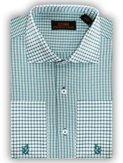 Steven Land Mens Green Check 100% Cotton Spread Collar French Cuff Dress Shirt