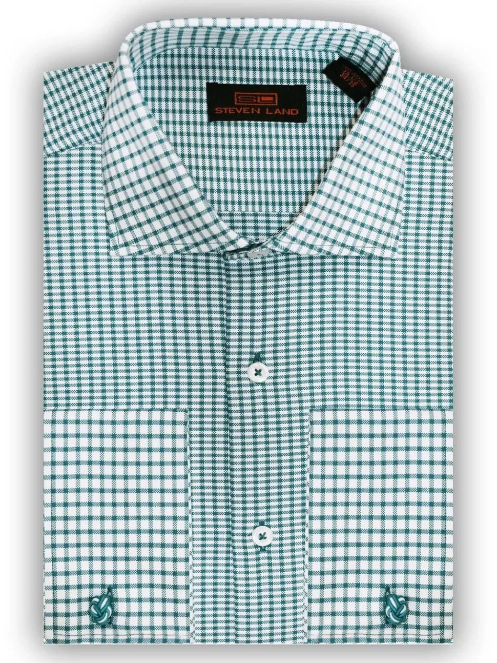 Steven Land Mens Green Check 100% Cotton Spread Collar French Cuff Dress Shirt
