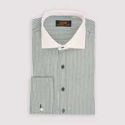 Steven Land Mens Green Striped 100% Cotton French Cuff Cutaway Collar Dress Shirt
