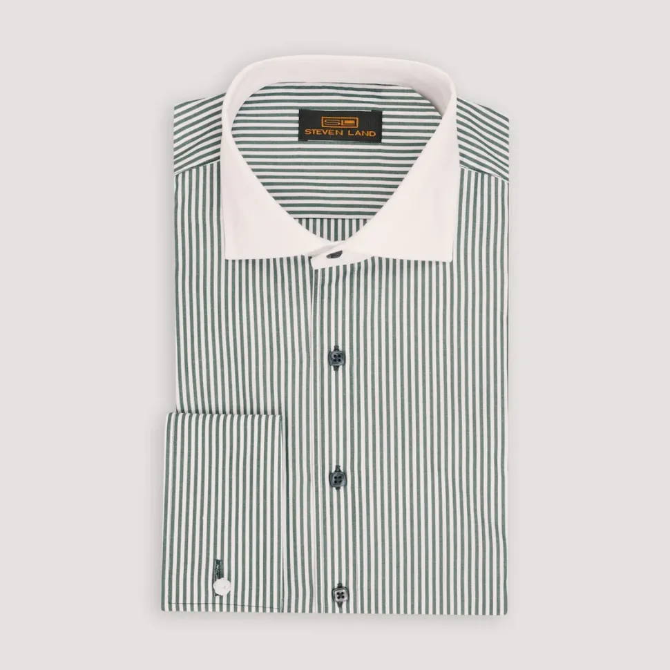 Steven Land Mens Green Striped 100% Cotton French Cuff Cutaway Collar Dress Shirt