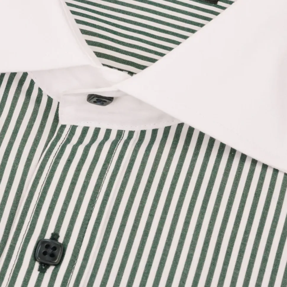 Steven Land Mens Green Striped 100% Cotton French Cuff Cutaway Collar Dress Shirt