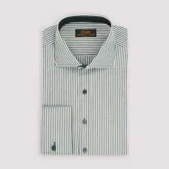 Steven Land Mens Green Striped 100% Cotton French Cuff Cutaway Collar Dress Shirt