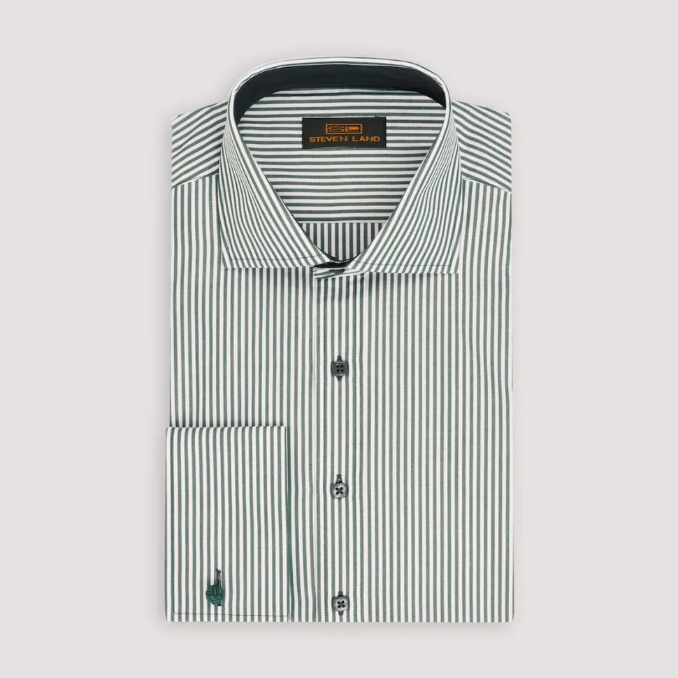 Steven Land Mens Green Striped 100% Cotton French Cuff Cutaway Collar Dress Shirt