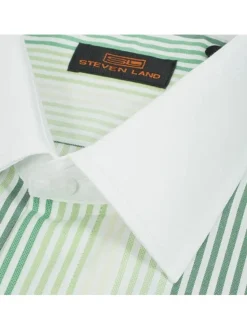 Steven Land Mens Green Striped French Cuff 100% Cotton Dress Shirt