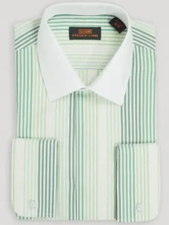 Steven Land Mens Green Striped French Cuff 100% Cotton Dress Shirt