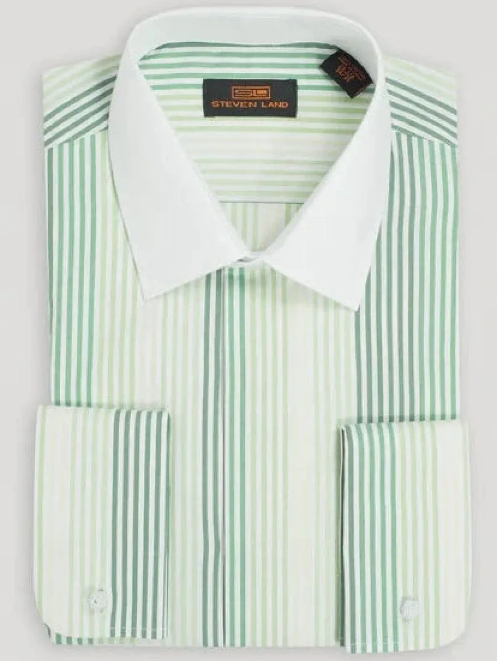 Steven Land Mens Green Striped French Cuff 100% Cotton Dress Shirt
