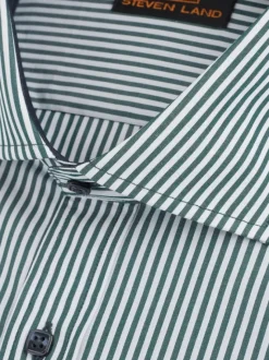 Steven Land Mens Green Striped Slim Fit Spread Collar 100% Cotton Dress Shirt