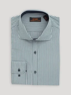 Steven Land Mens Green Striped Slim Fit Spread Collar 100% Cotton Dress Shirt