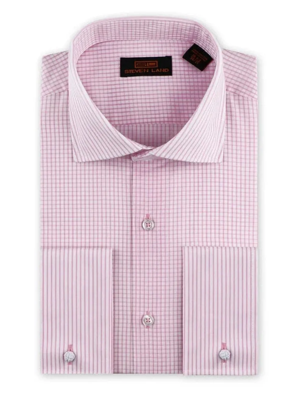 Steven Land Mens Lavender Check Classic Fit 100% Cotton French Cuff Dress Shirt