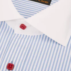 Steven Land Mens Light Blue Striped 100% Cotton French Cuff Dress Shirt