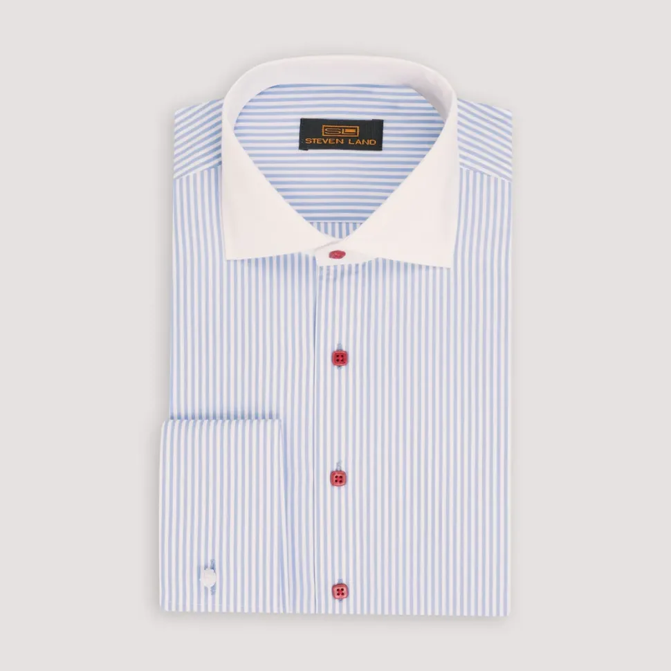 Steven Land Mens Light Blue Striped 100% Cotton French Cuff Dress Shirt