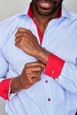 Steven Land Mens Light Blue Striped 100% Cotton Barrel Cuff Cutaway Collar Dress Shirt