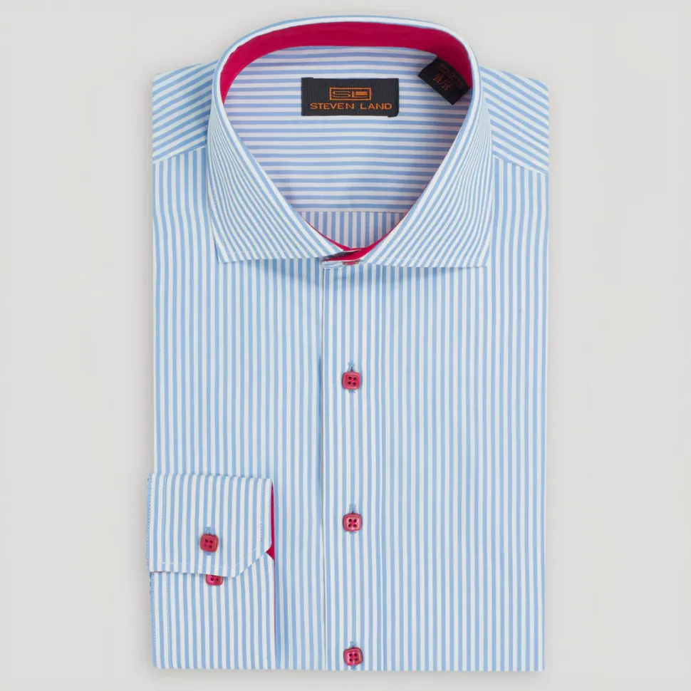 Steven Land Mens Light Blue Striped 100% Cotton Barrel Cuff Cutaway Collar Dress Shirt