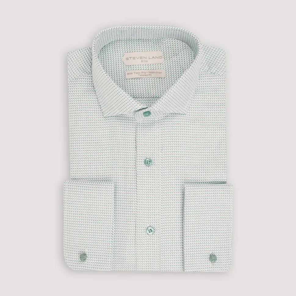 Steven Land Mens Light Green Stepweave 100% Cotton French Cuff Spread Collar Dress Shirt
