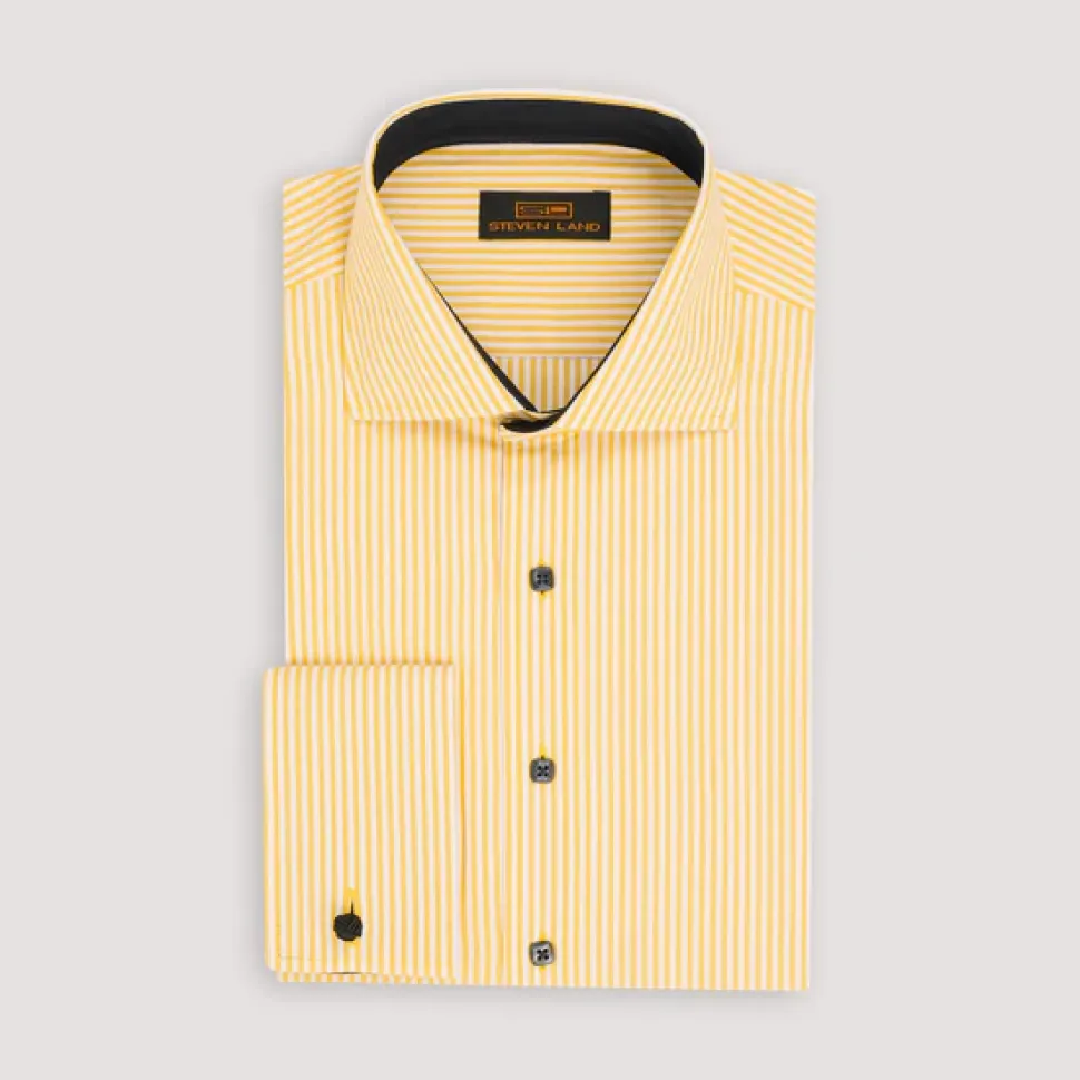 Steven Land Mens Marigold Yellow Striped 100% Cotton French Cutaway Collar Cuff Dress Shirt