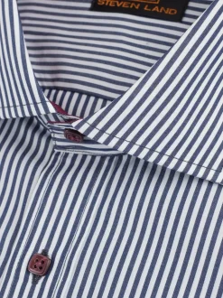 Steven Land Mens Navy & White Striped 100% Cotton Barrel Cuff Cutaway Collar Dress Shirt