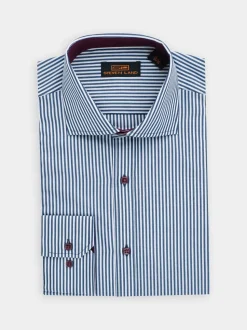 Steven Land Mens Navy & White Striped 100% Cotton Barrel Cuff Cutaway Collar Dress Shirt