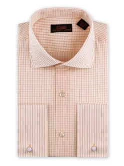 Steven Land Mens Peach Check Classic Fit 100% Cotton French Cuff Dress Shirt