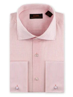 Steven Land Mens Pink Check Classic Fit 100% Cotton French Cuff Cutaway Collar Dress Shirt