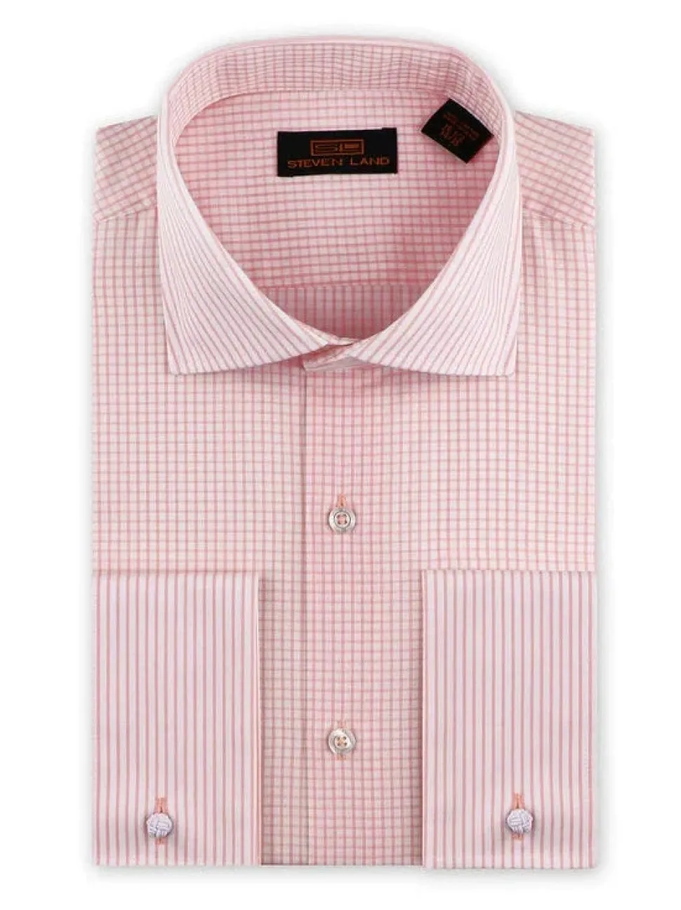 Steven Land Mens Pink Check Classic Fit 100% Cotton French Cuff Cutaway Collar Dress Shirt