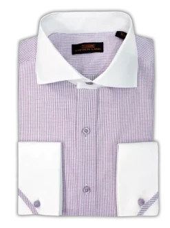 Steven Land Mens Purple Check Contrast Cutaway Collar & French Cuff Cotton Dress Shirt