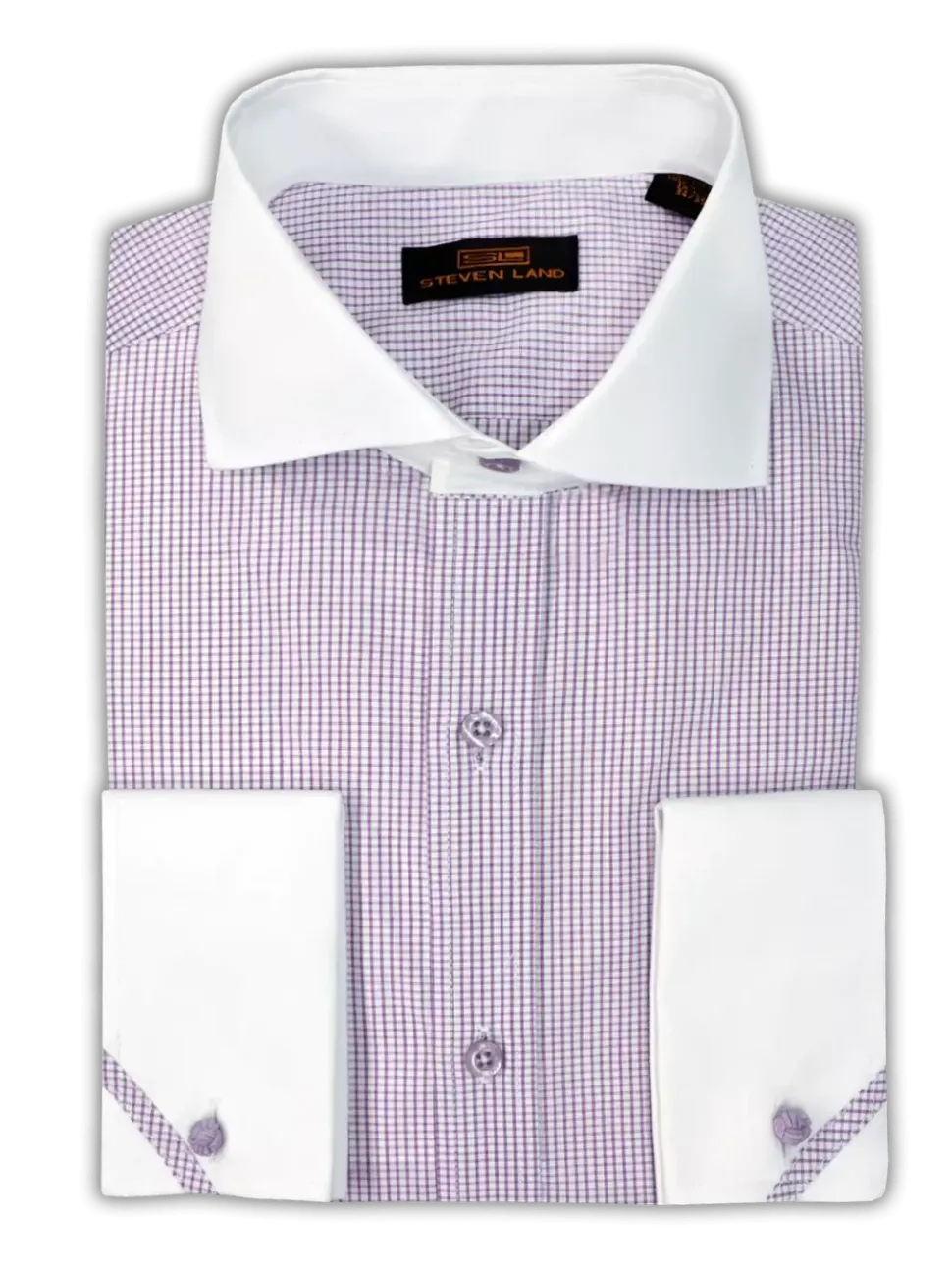Steven Land Mens Purple Check Contrast Cutaway Collar & French Cuff Cotton Dress Shirt