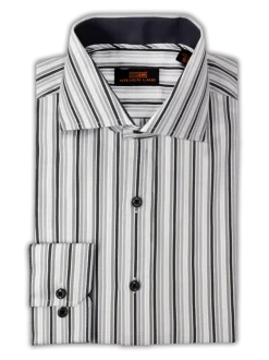 Steven Land Mens Silver Striped Regular Fit Spread Collar Cotton Dress Shirt