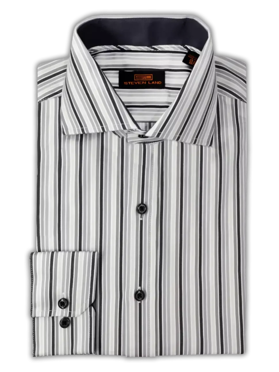 Steven Land Mens Silver Striped Regular Fit Spread Collar Cotton Dress Shirt