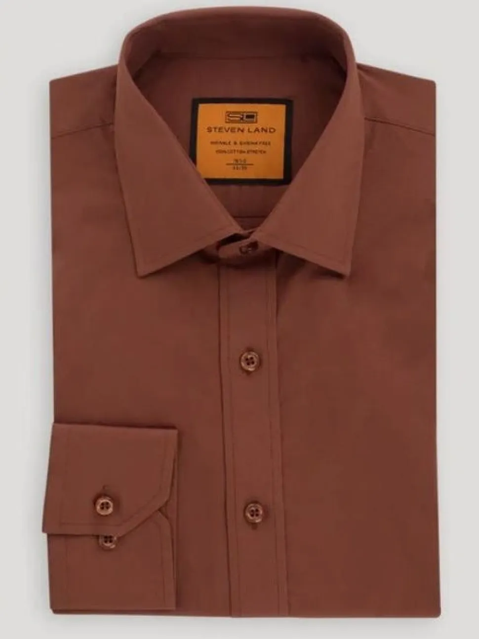 Steven Land Mens Solid Brown Spread Collar Wrinkle Free Stretch Cotton Dress Shirt