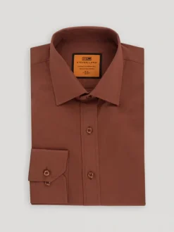 Steven Land Mens Solid Brown Slim Fit Spread Collar Wrinkle Free Stretch Cotton Dress Shirt